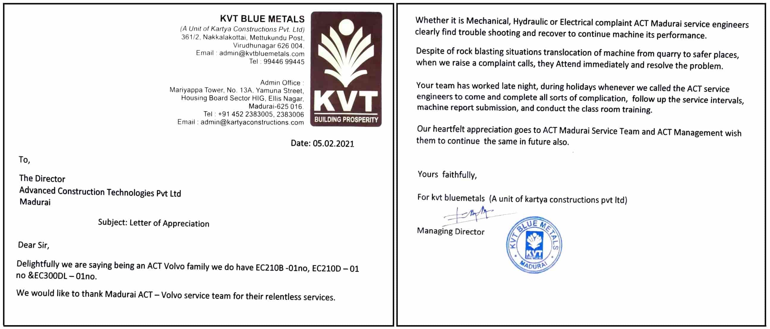 KVT Blue Metals Testimonials